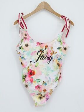 Juicy Couture Floral One Piece Swimsuit Tie Shoulder Watercolor Print L Y2K